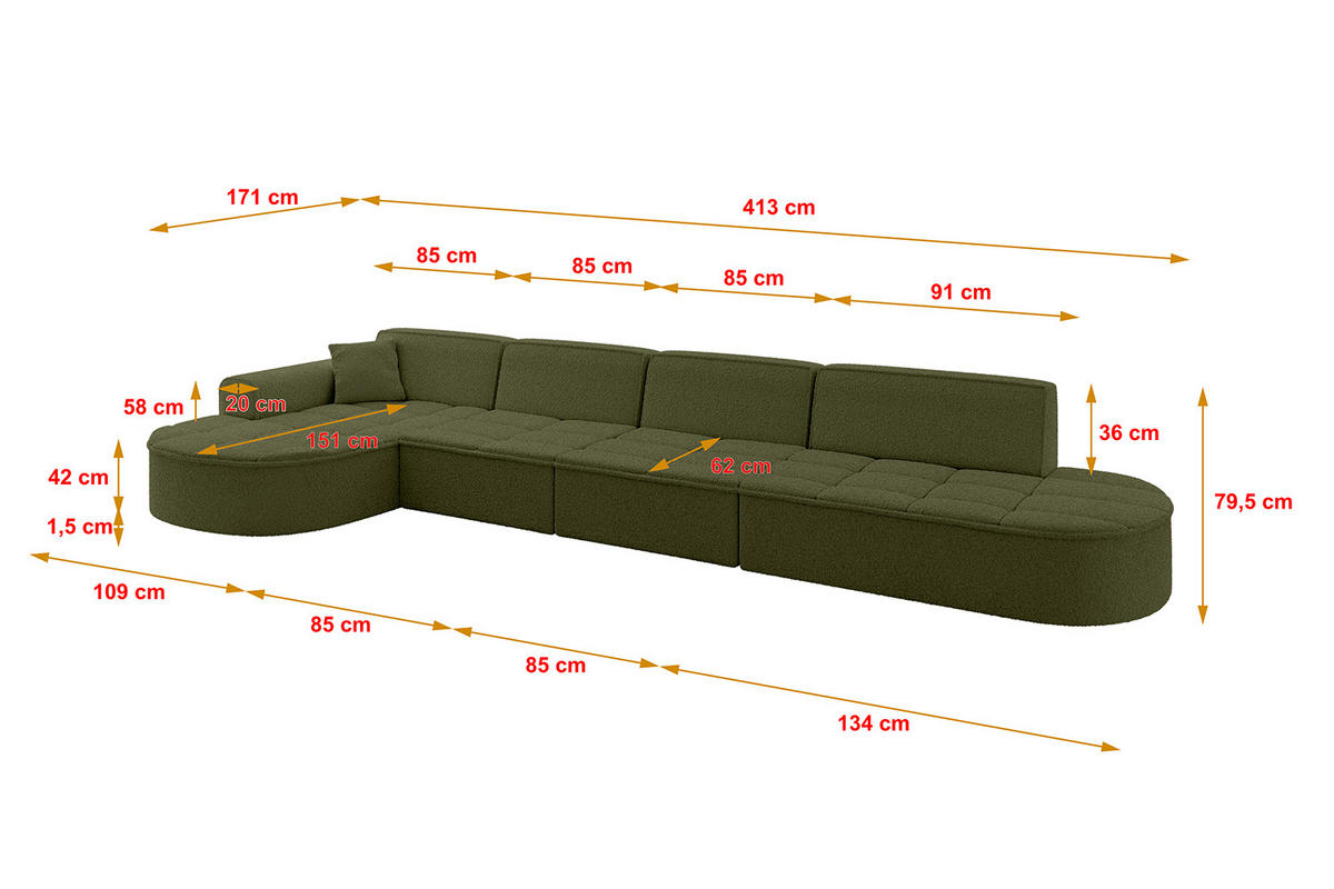 ECKSOFA Ottomane Links TARO-L3 - 413x171x79,5 cm Grün - Grün, Holzwerkstoff/Textil (413/171cm) - ALTDECOR