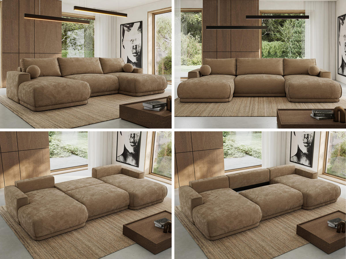 SEDACIA SÚPRAVA RINA U Hnedá Hladký ženil - hnedá/čierna, textil/plast (360/85/170cm) - MKS