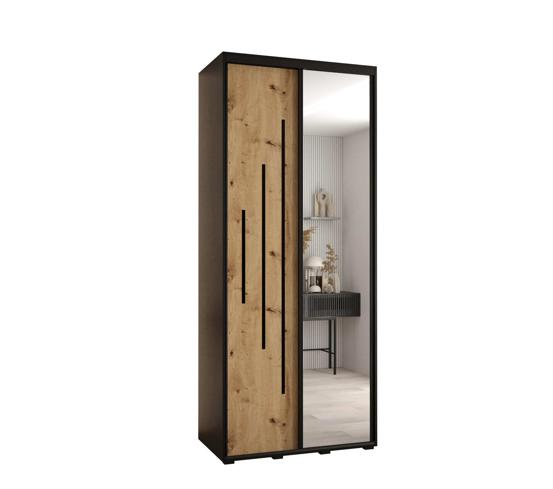 Abiks Möbel SCHWEBETÜRENSCHRANK Schwarz, Eiche Artisan, Schwarz 100cm × 45cm × 235cm