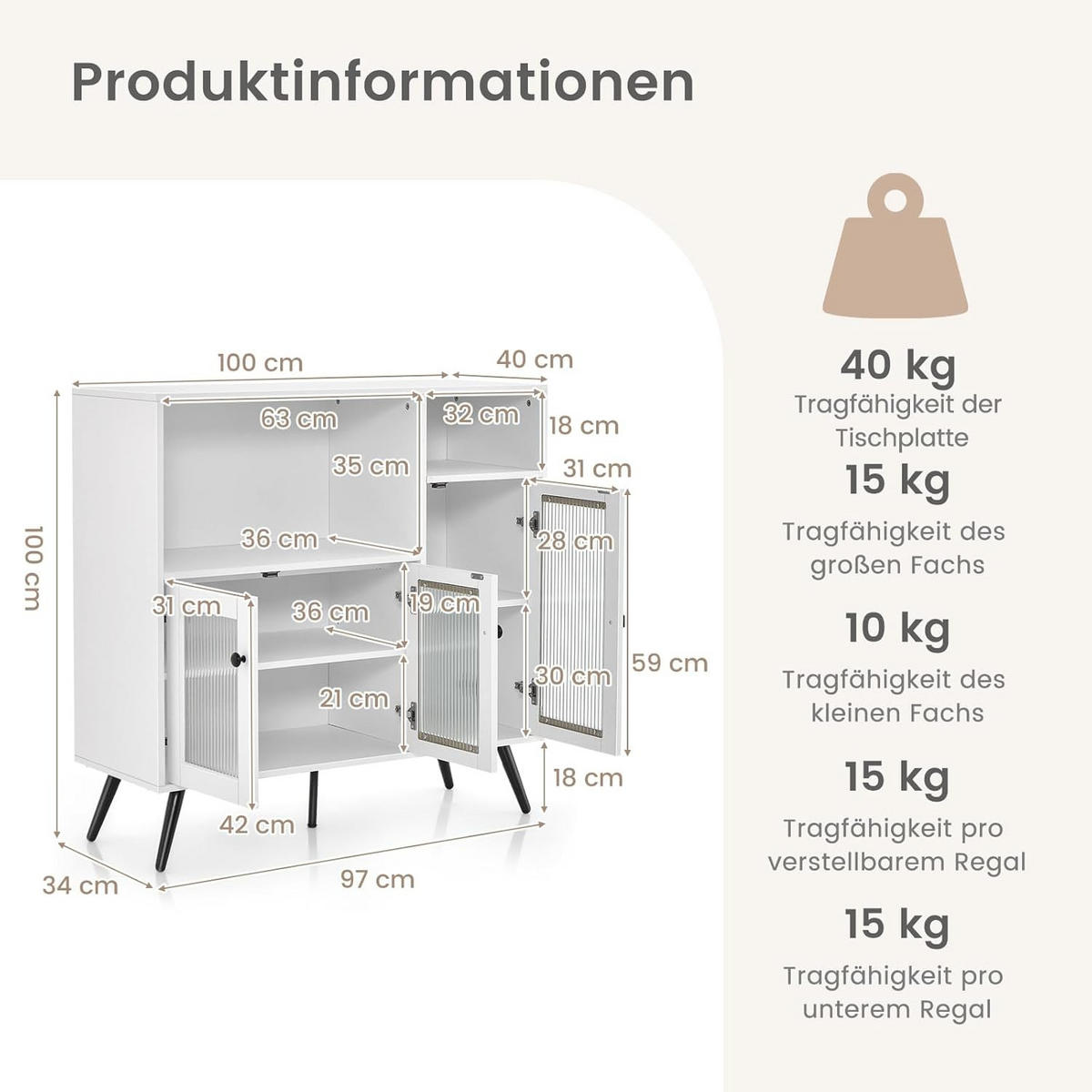 KÜCHENSCHRANK Weiß - Weiß, Holz (40/100/100cm) - COSTWAY