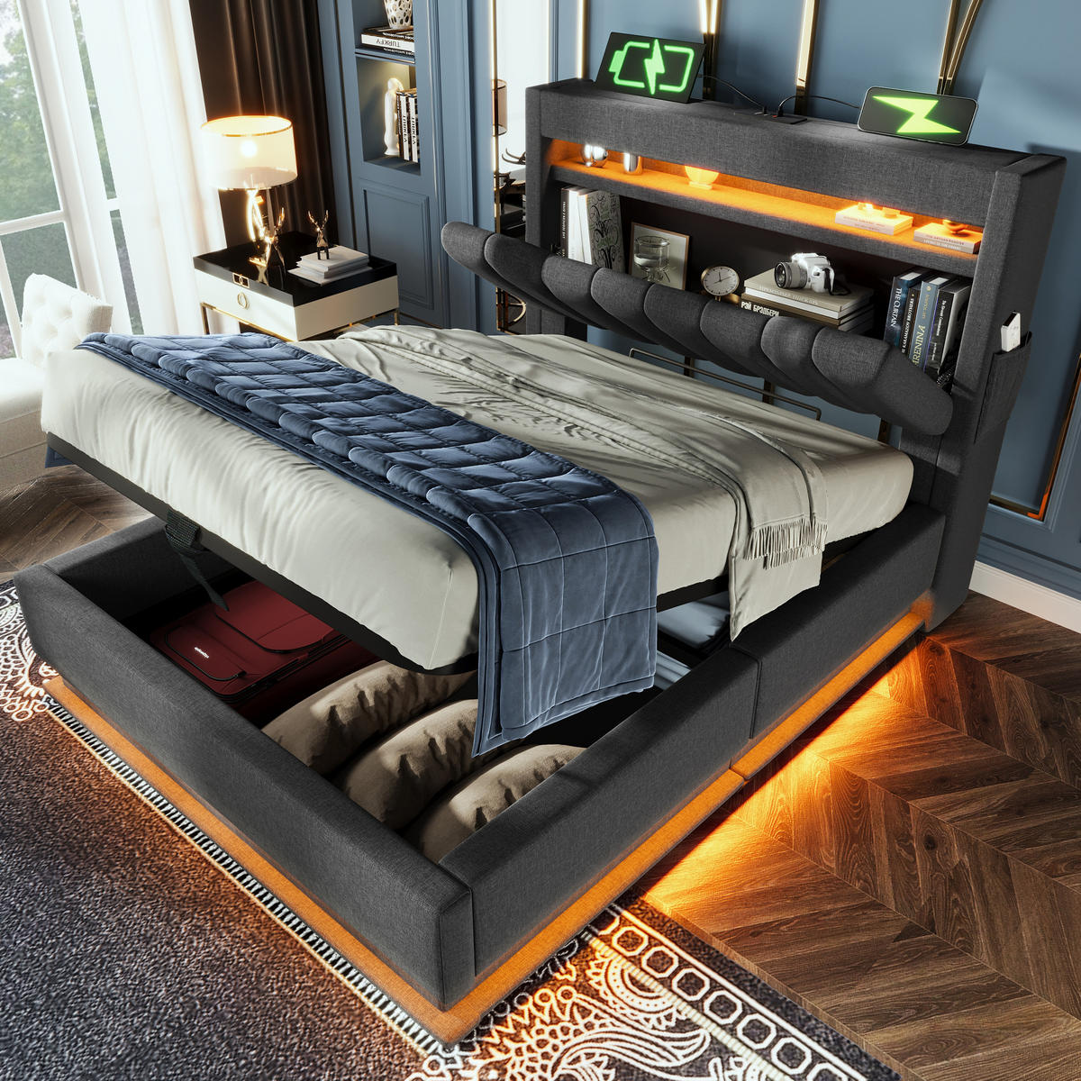 POLSTERBETT 90/200 cm Grau aus Leinen mit LED und Stauraum - Grau, Textil (90/200cm) - OKWISH