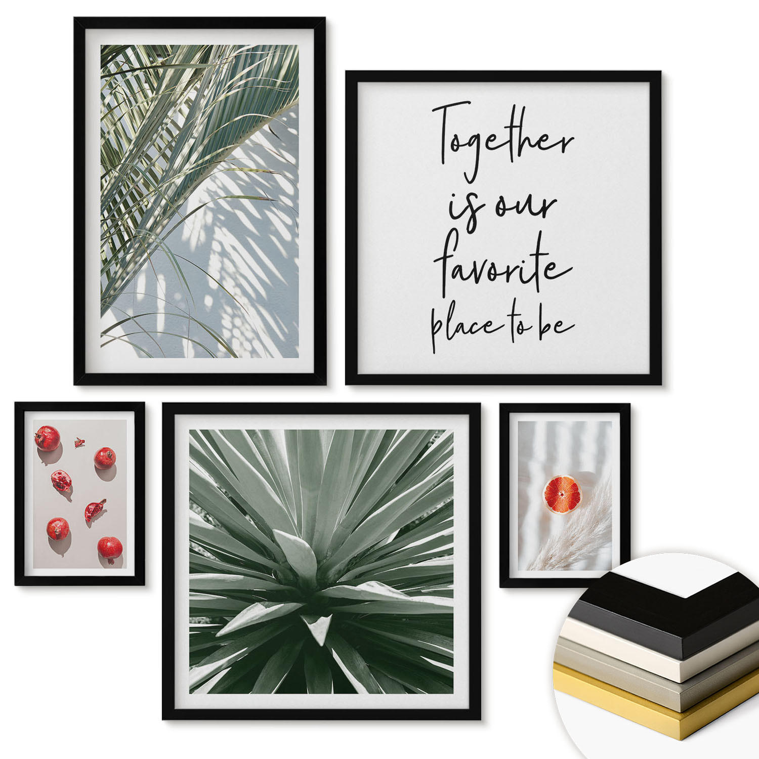 WANDBILDER 5er-Set - 50x50 cm & 20x30 cm & 40x60 cm Schwarzer Rahmen - Feiertags-Palmenfrucht-Inschrift - Schwarz, Kunststoff (40/60cm) - ArtPrintCave