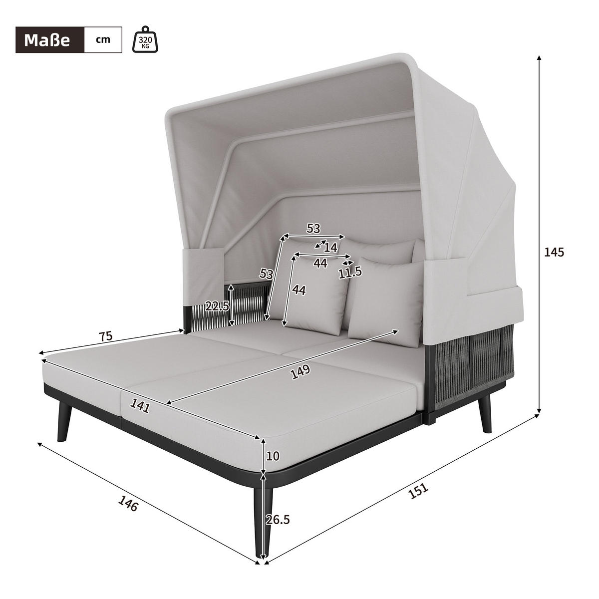 SONNENLIEGE aus Polyester 146x151x145cm in Grau mit einziehbarer Markise - Grau, Textil (152/145/146cm) - Modfu