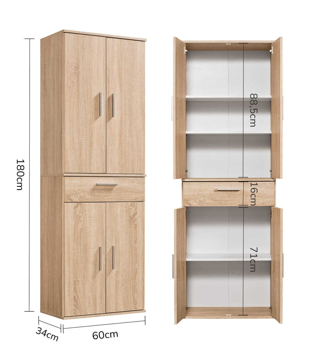MEHRZWECKSCHRANK Der Praktische - Weiß/Sonoma Eiche, Holzwerkstoff (60/180/34cm) - Mokebo