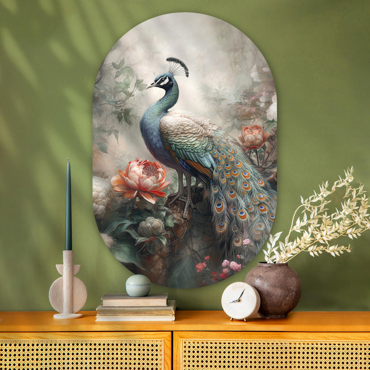 WANDBILD Pfau - Pfauenfedern - Vogel - Dschungel - Blumen 80x120 cm - Smaragdgrün, Kunststoff (80/120cm) - MuchoWow