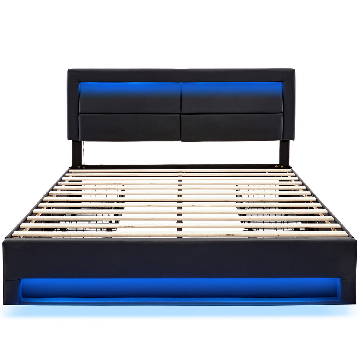 POLSTERBETT 140/200 cm Schwarz aus PU mit LED-Beleuchtung und 4 Schubladen - Schwarz, Kunststoff (140/200cm) - OKMYHOME