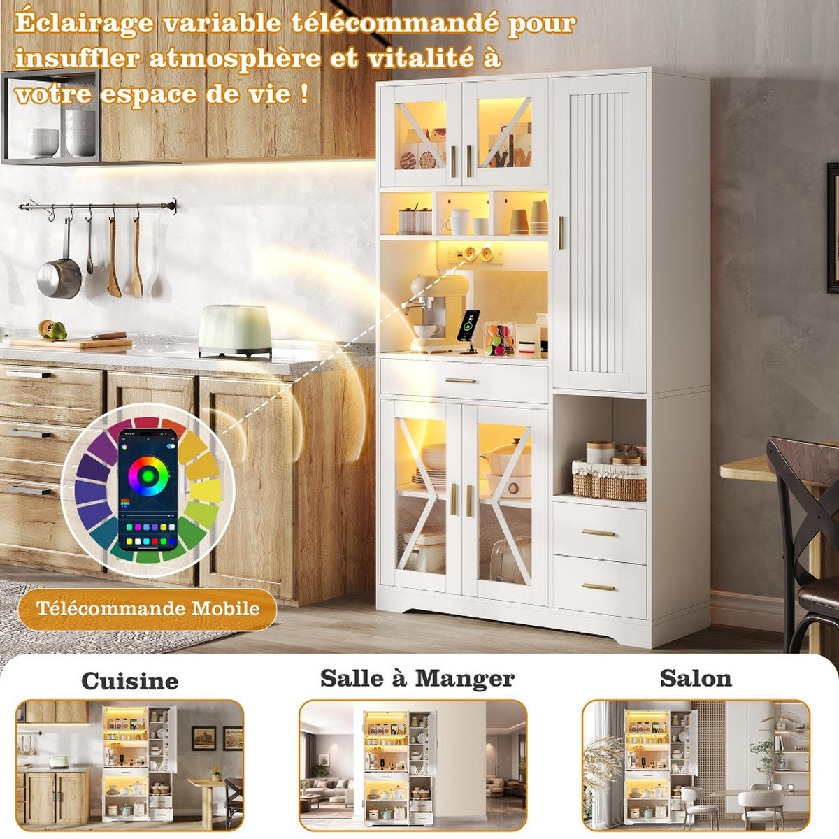 KÜCHENSCHRANK Buffetschrank, SCHEUNENSTIL MIT LED BELEUCHTUNG, Steckdosen, Glastüren, MDF, Vintage, 105/40/185 cm - Weiß, Kunststoff (40/185/105cm) - Rolipo