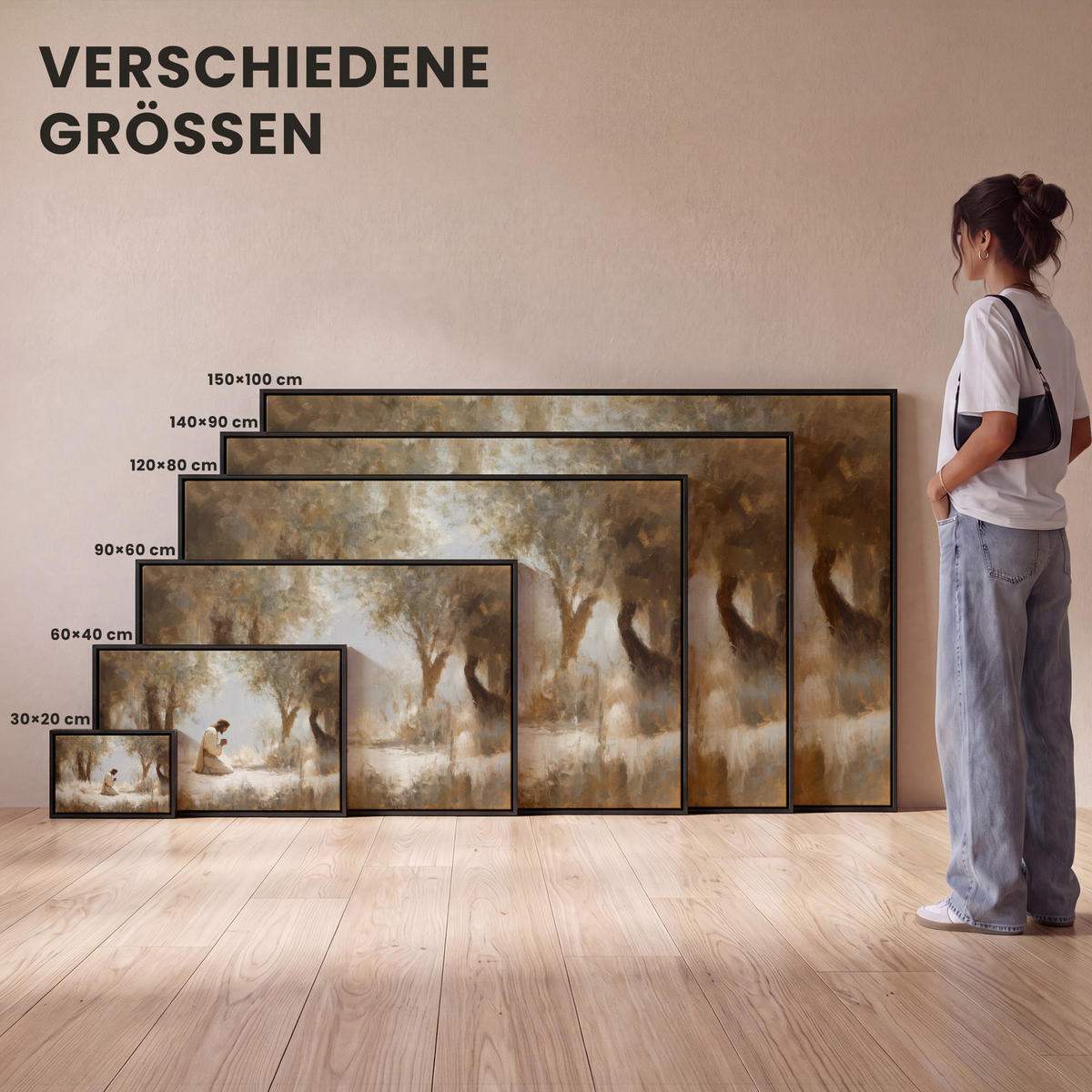 LEINWAND Bilder mit Rahmen - Jesus - Kniend - Waldlandschaft - Betend - 90x60 - Beige, Textil (90/60cm) - MuchoWow