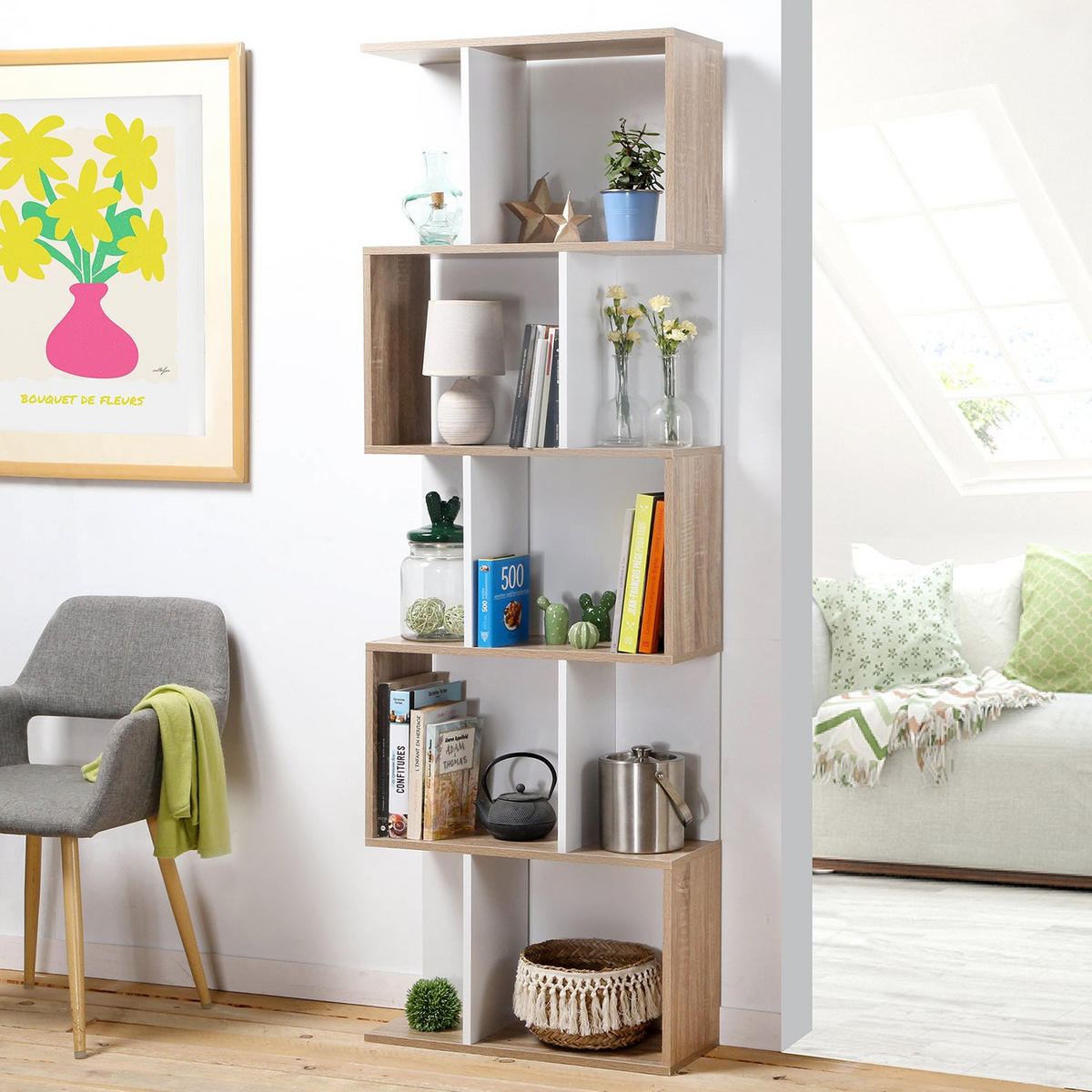 BÜCHERREGAL mit mehreren Fächern H180 cm - Dekor Holz und Weiß - Apfelbaumfarben, Holzwerkstoff (24/180/60cm) - Calicosy