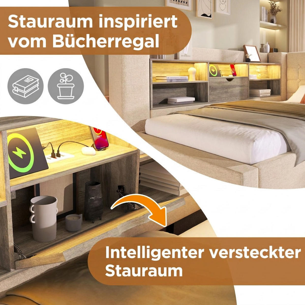 POLSTERBETT 140/190 cm Beige mit LED-Beleuchtung und Stauraum (Ohne Matratze) - Beige, Textil (140/190cm) - Oxeza