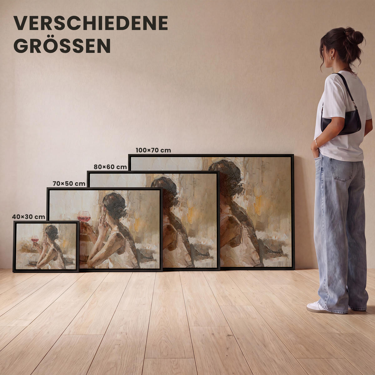 LEINWAND Bilder mit Rahmen - Ölgemälde - Frau - Wein - 40x30 - Hellbraun, Textil (40/30cm) - MuchoWow
