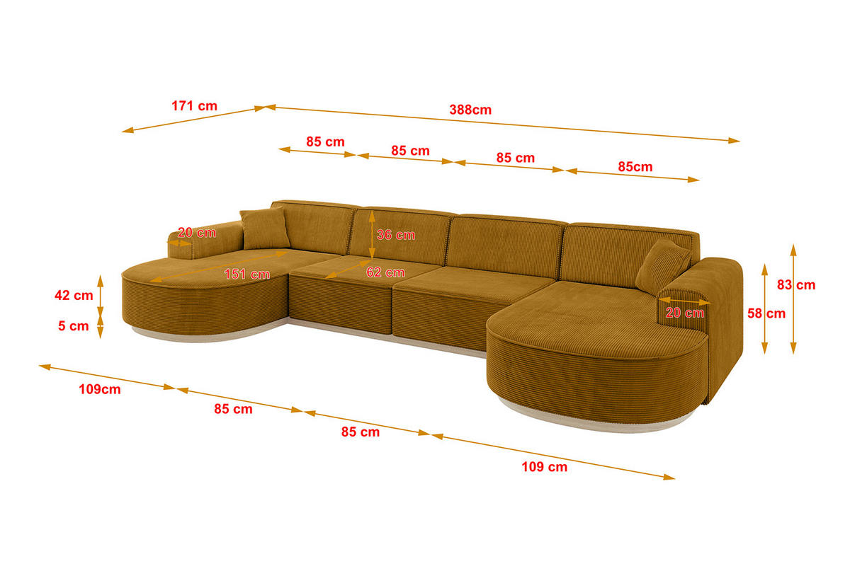 WOHNLANDSCHAFT MARI-U2-v1 - 388x171x83 cm Senfgelb Cord - Gelb, Holzwerkstoff/Textil (388/83/171cm) - ALTDECOR