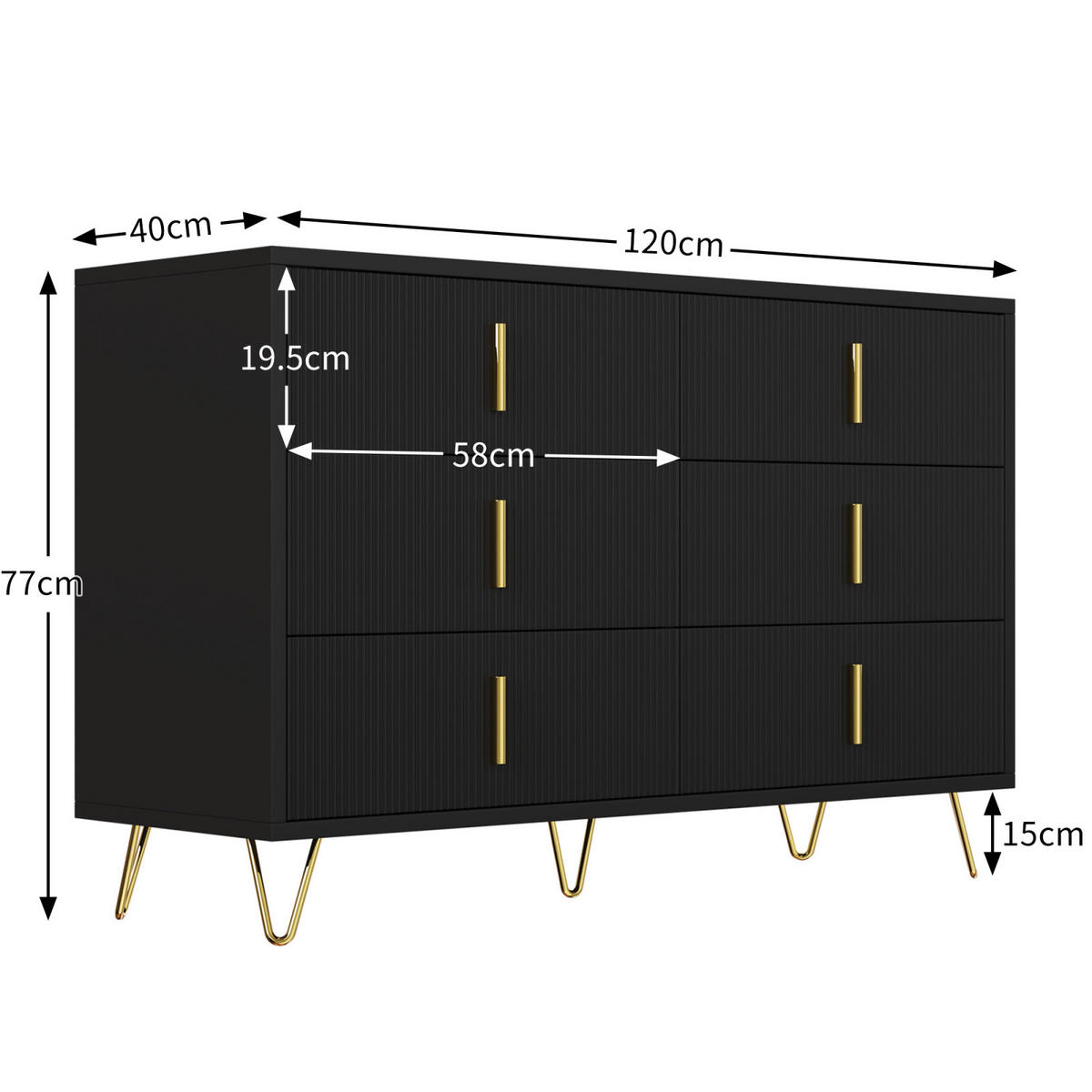 SIDEBOARD Schwarz, 6 Schubladen, modernes Eckdesign - Schwarz, Holz (120/77/40cm)