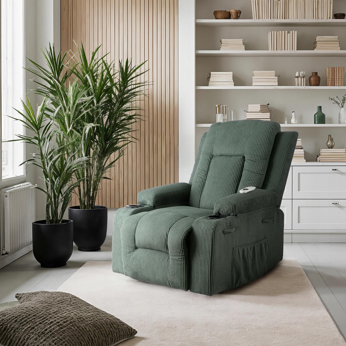 MASSAGESESSEL BOX 2 mit Fußhocker Cord Grün - Grün, Holz/Textil (87/101/85cm) - makarowski meble