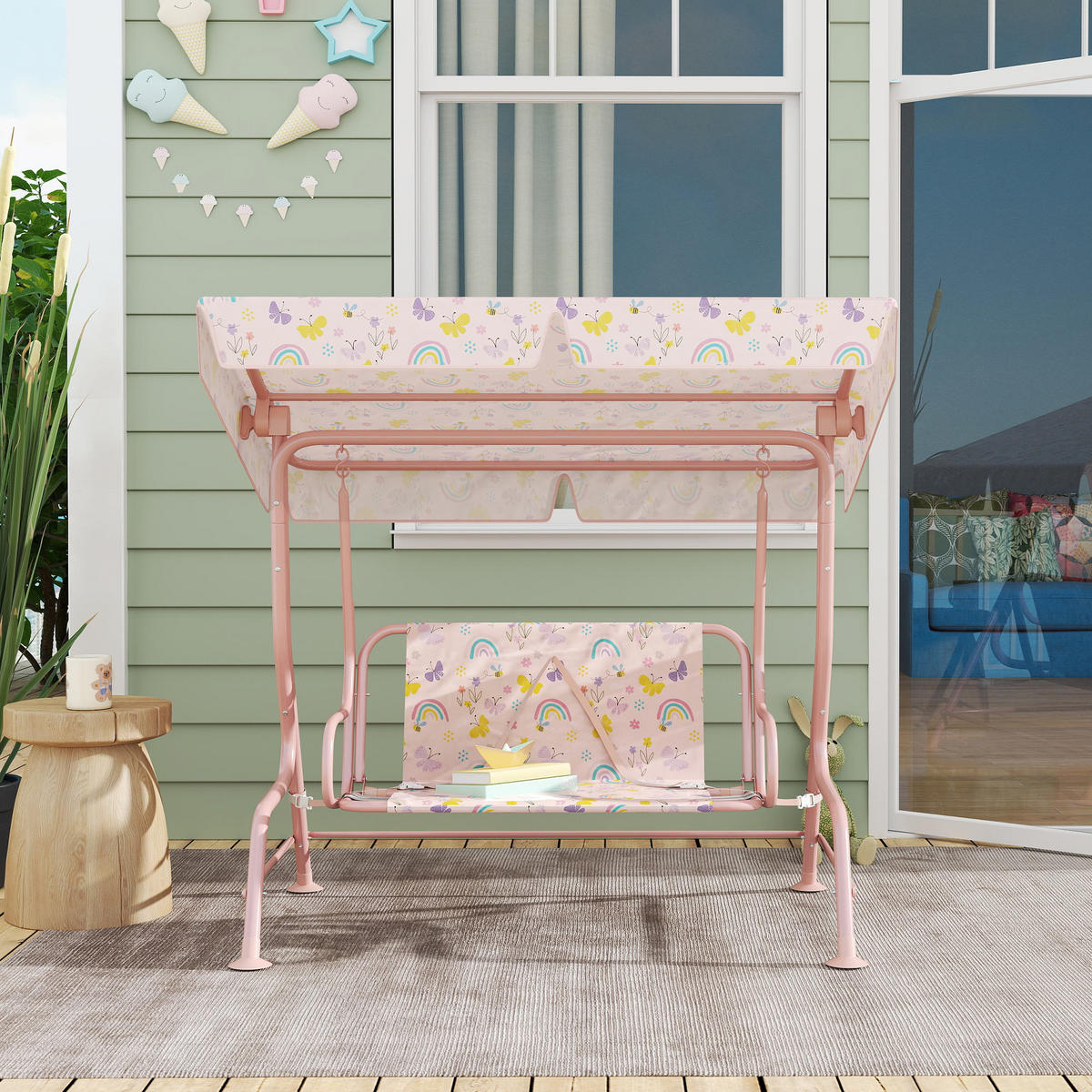 KINDER Hollywoodschaukel 2-Sitzer Kinderschaukel mit verstellbarem Sonnendach - Rosa, Metall (75/120/112cm) - AIYAPLAY