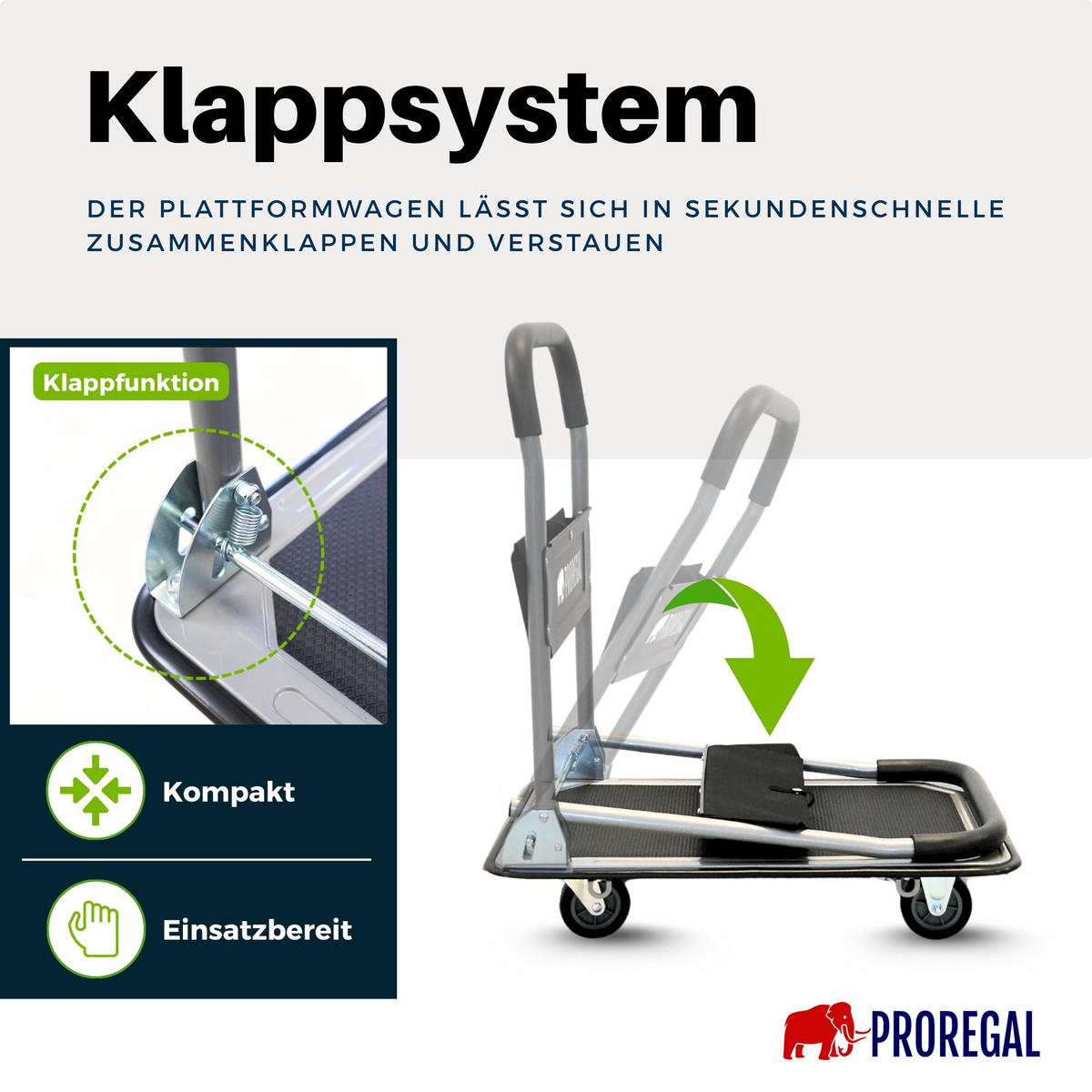 PLATTFORMWAGEN Transportwagen Rhino 150kg klappbar mit Gummiräder und Werkzeugtasche - Schwarz, Metall (73/47/83cm) - PROREGAL