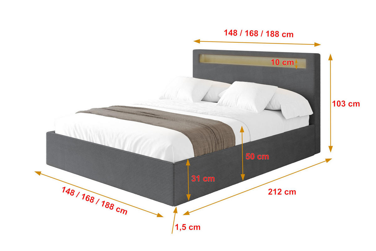POLSTERBETT mit Bettkasten und Lattenrost, Boxbett ohne Matratze - GOLA 180x200 Dunkelgrau - Anthrazit, Holzwerkstoff/Textil (180/200cm) - ALTDECOR