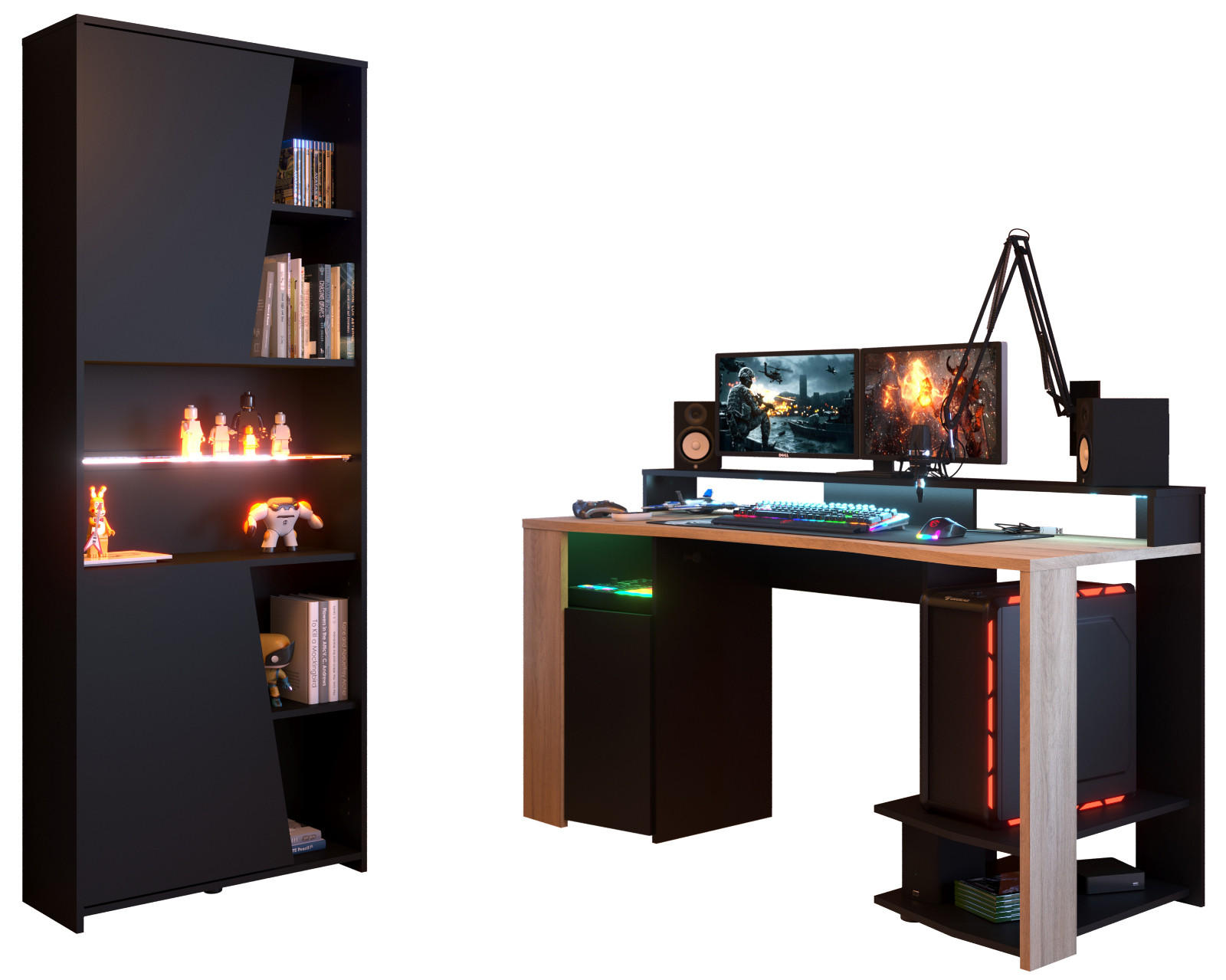 SCHREIBTISCHKOMBINATION schwarz, Eiche, Gamingtisch und Schrank inklusive LED-Beleuchtung - Eichefarben/Schwarz, Holzwerkstoff/Metall (62/219/180cm) - Parisot Meuble