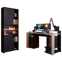 SCHREIBTISCHKOMBINATION schwarz, Eiche, Gamingtisch und Schrank inklusive LED-Beleuchtung - Eichefarben/Schwarz, Holzwerkstoff/Metall (62/219/180cm) - Parisot Meuble