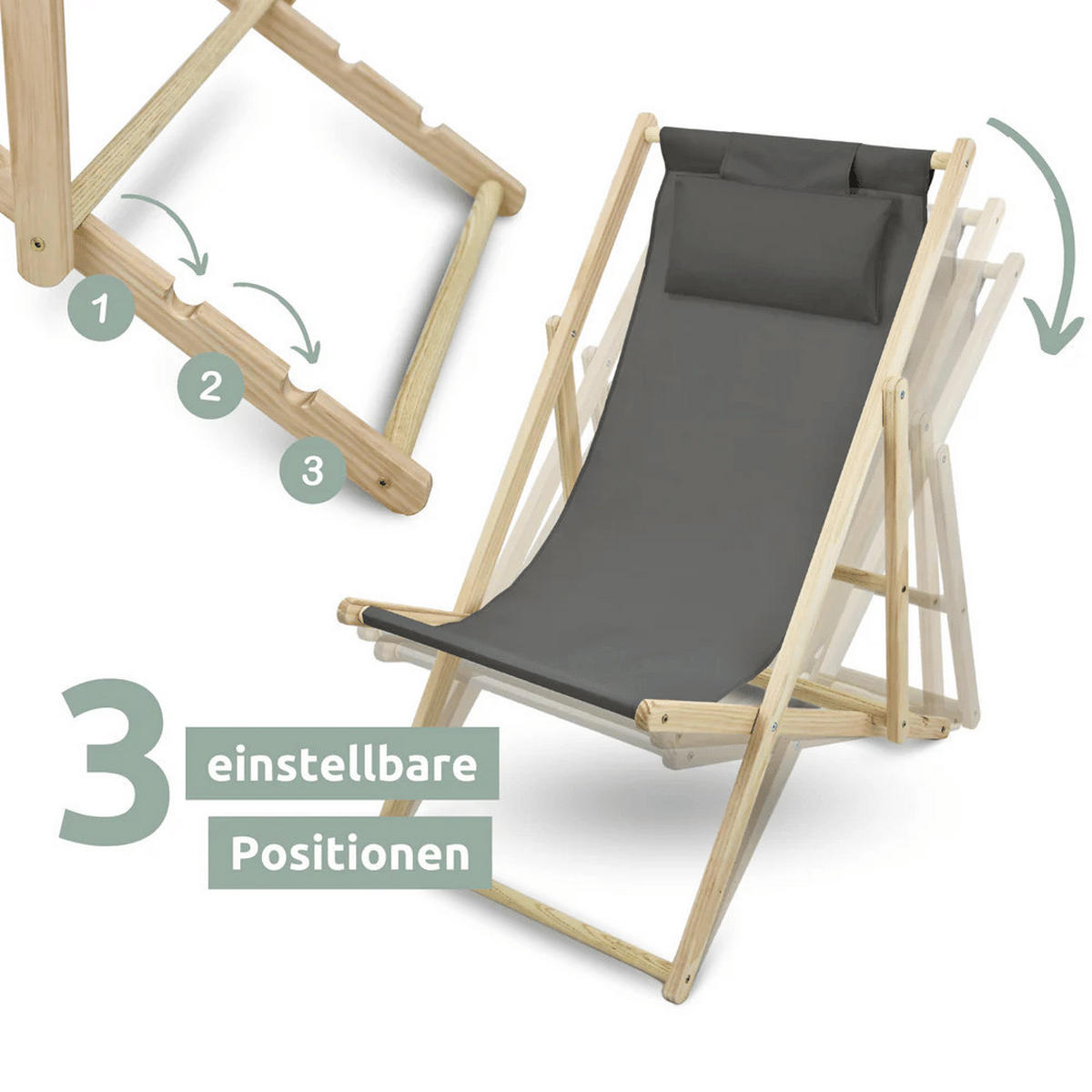 SONNENLIEGE Holz klappbar FRIEDA 2er Set Liegestuhl Anthrazit - Anthrazit, Holz (59/80/90cm) - DELUKE