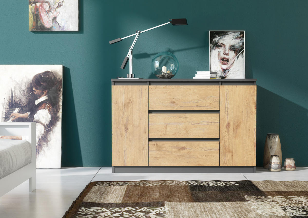 KOMMODE NUDO 120/78,5/39cm mit 3 Schubladen 2 Türen Anthrazit - Eichefarben/Anthrazit, Holzwerkstoff (120/78.5/39cm) - MASSENO