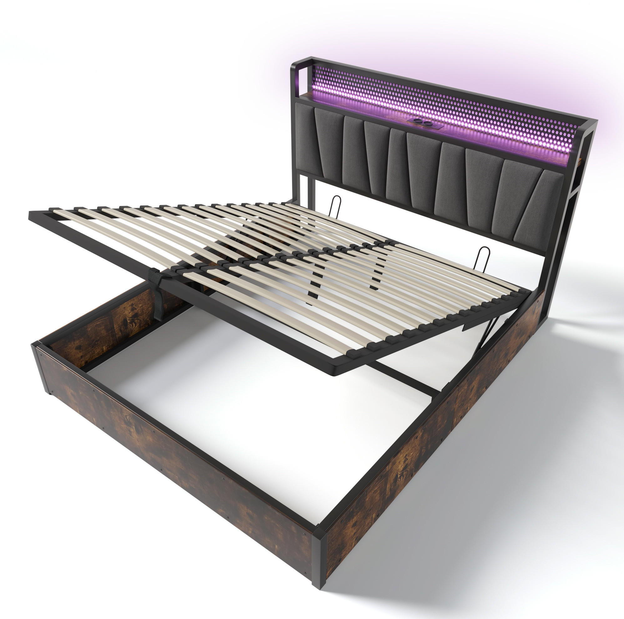POLSTERBETT 160/200 cm mit Matratze, LED-Kopfteil, USB, Steckdosen und Bettkasten, Grau - Grau, Textil (160/200cm) - Redom