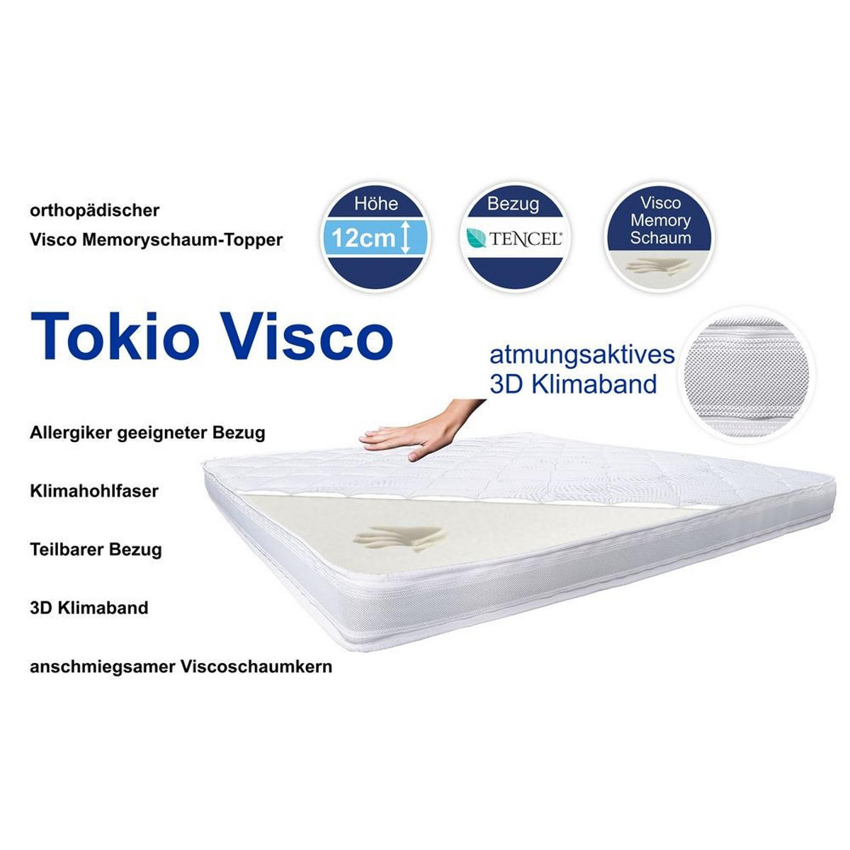 VISCOSCHAUMTOPPER Tokio 100x200 12 cm Hoch H5 - Weiß, Textil (100/200cm) - Matratzen Perfekt