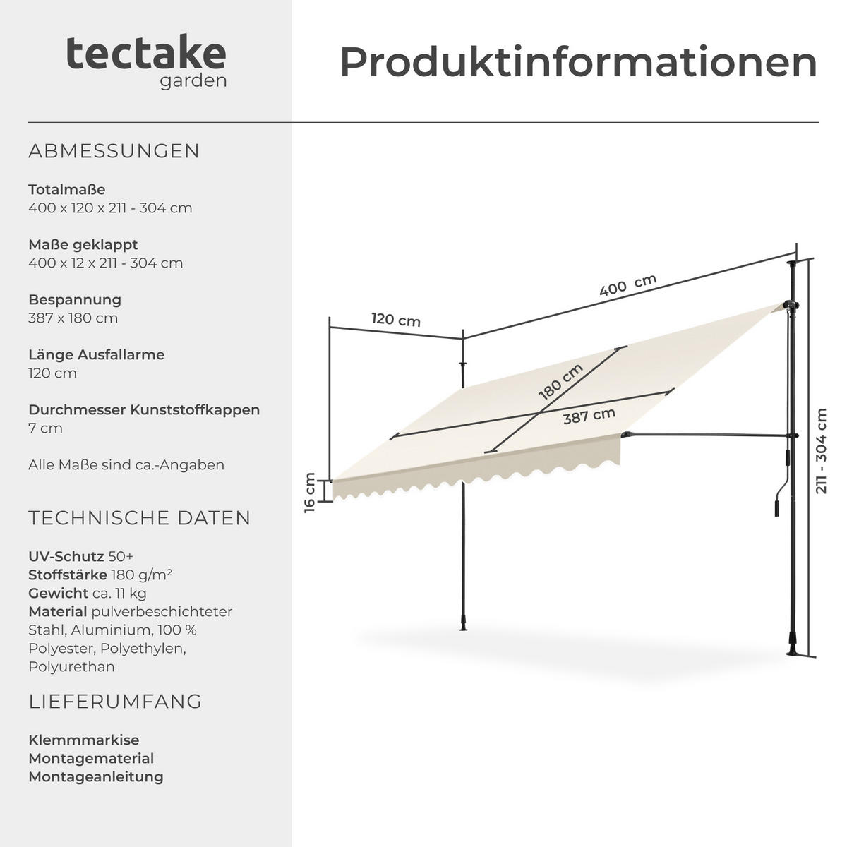 KLEMMMARKISE ,einfache Montage,beige - Beige, Kunststoff (400/304/180cm) - tectake