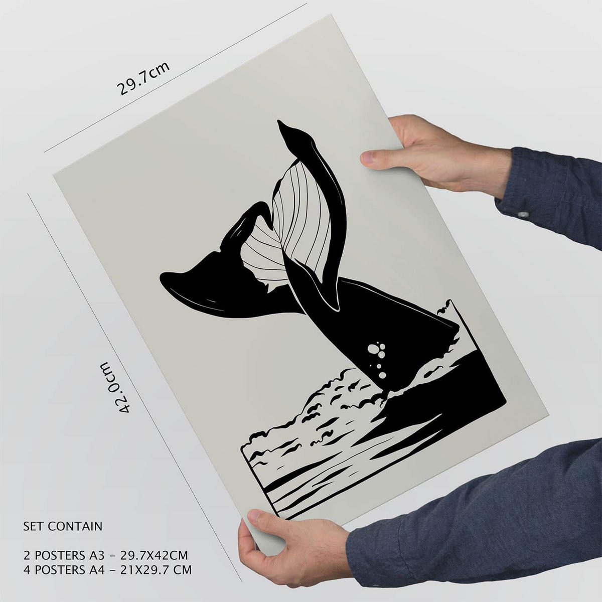 POSTER Set Mit 6 In Schwarzer Tinte Stachelrochen Und Wal Kunstdrucke Von Meer Und Ozean Für Innenarchitektur A3 & A4 Weißer Rahmen - Weiß, Papier (29/3cm) - Nacnic