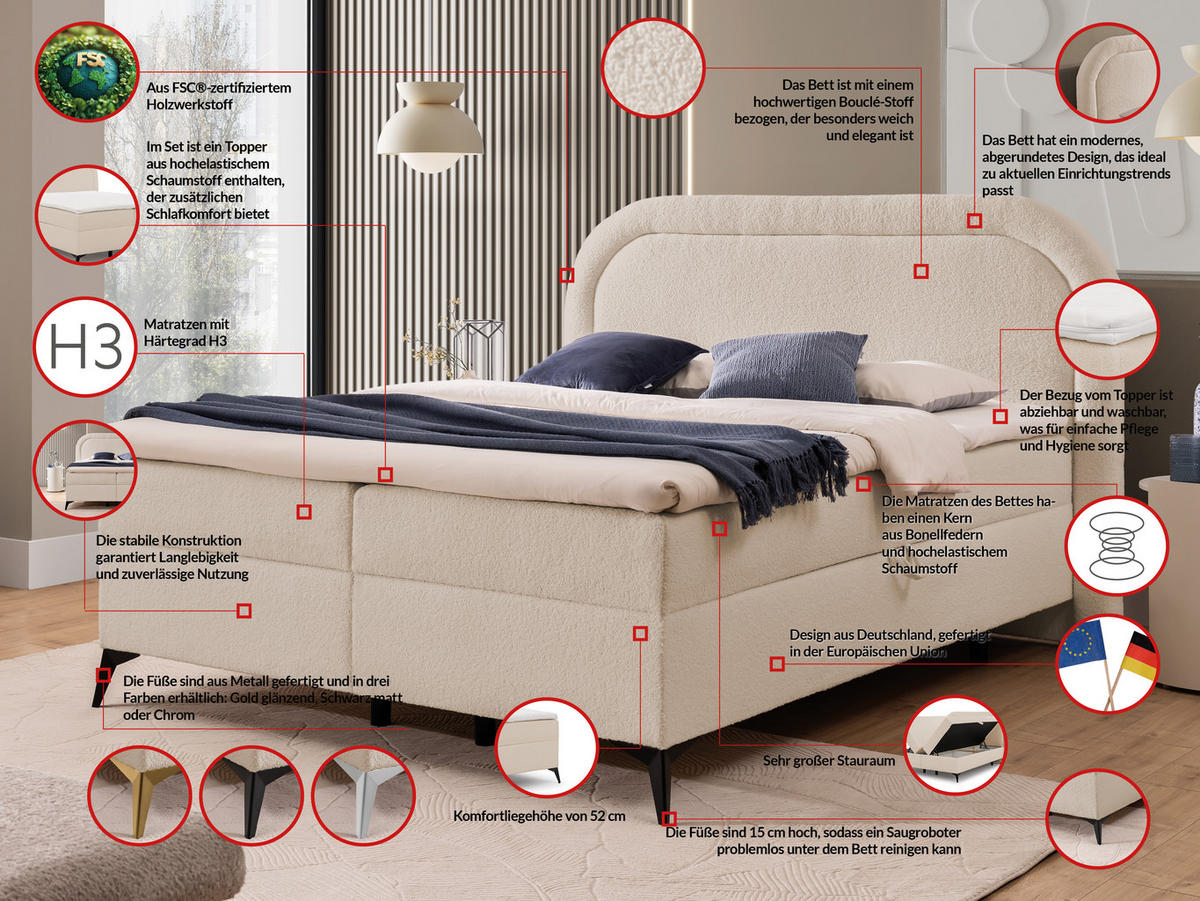 BOXBETT Sonna 160/200 cm Hellbeige Bouclé-Stoff mit abgerundetem Kopfteil und mit schwarzen Metallfüße - Beige/Schwarz, Holz/Textil (160/200cm) - S-Style Möbel