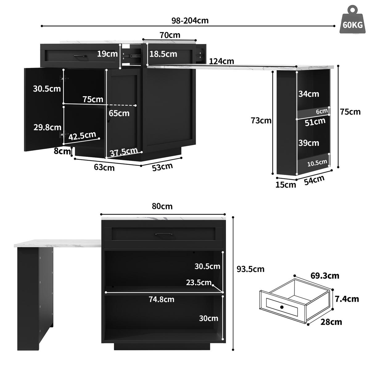 STEHTISCH ausziehbar mit Stauraum 98-204 x 70 x 93,5 cm Schwarz - Schwarz, Holz (70/93.5/204cm) - Beauniv