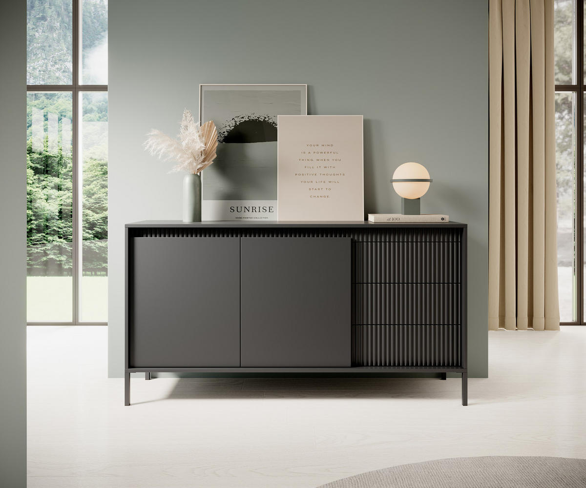 SIDEBOARD Trentinis 2T 3S Schwarz 153,5/81,4/39,5 cm – Geriffelten Fronten - Schwarz, Holzwerkstoff/Metall (153.5/81.4/39.5cm) - AX Living