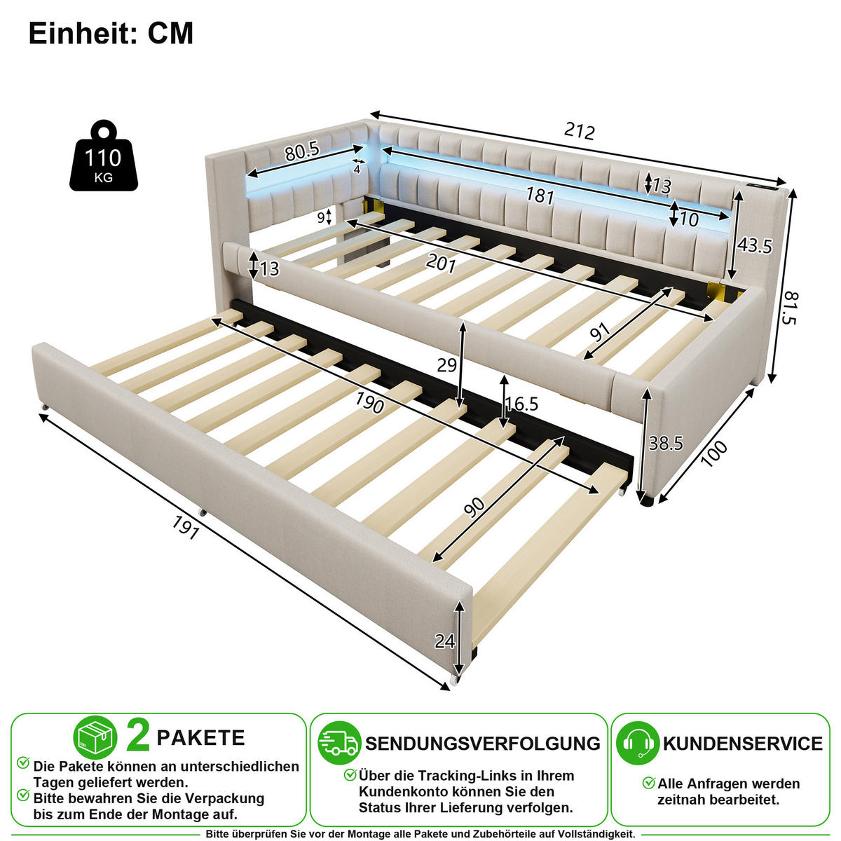 VÝSUVNÁ POSTEL 90/200 cm v béžové barvě s LED osvětlením, USB a Type-C - béžová, kov/kompozitní dřevo (90/200cm) - CHICFURN