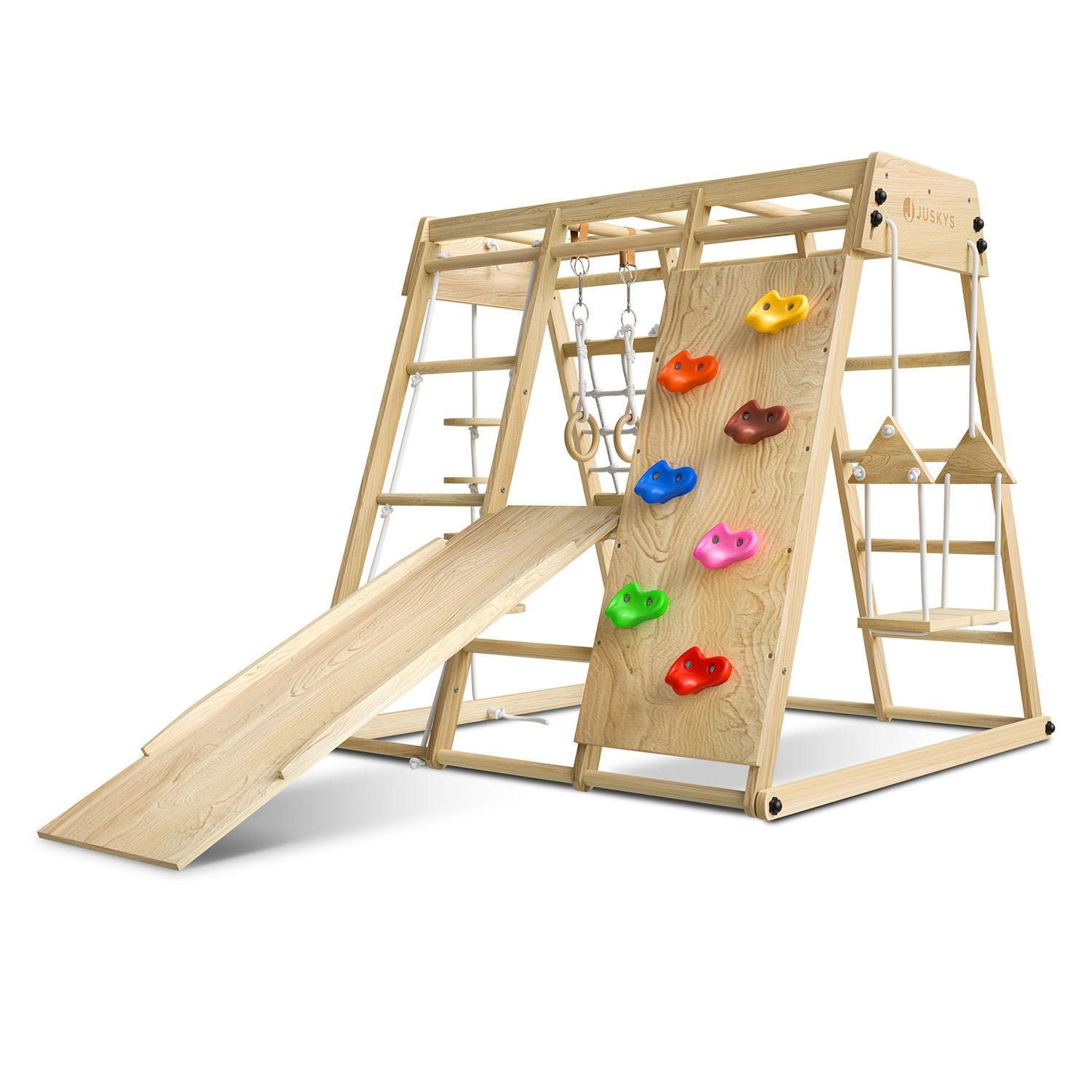 KLETTERGERÜST MAXI für Kinder mit Rutsche - Naturfarben, Holz (119/124cm) - Juskys
