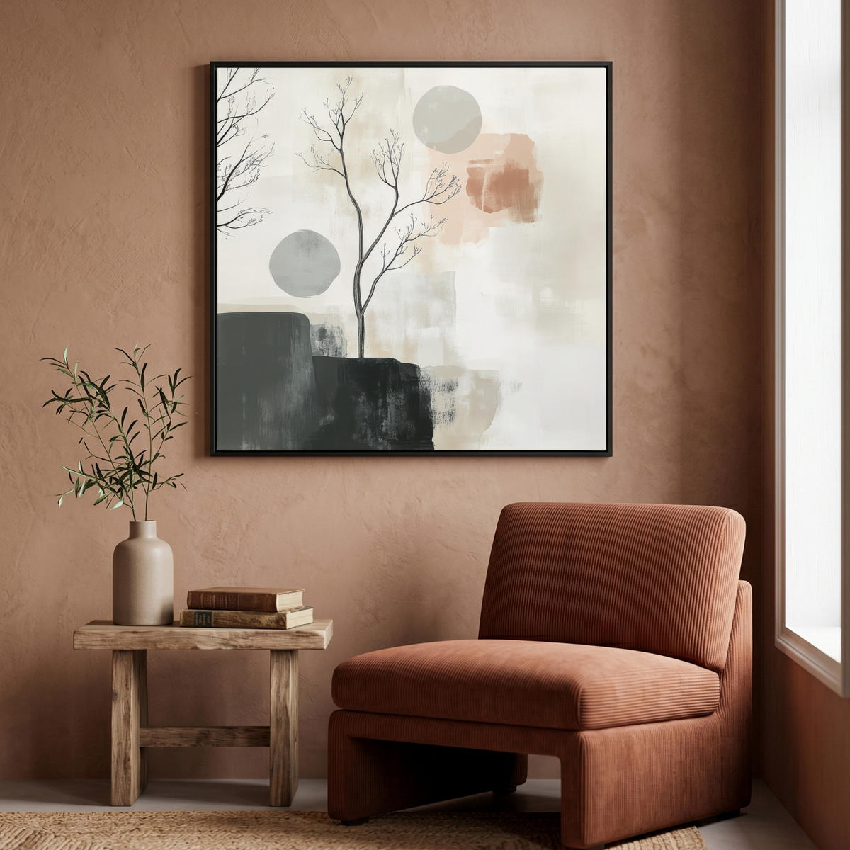 LEINWAND Bilder mit Rahmen - Wabi sabi - Beige - Pflanze - 90x90 - Sandfarben, Textil (90/90cm) - MuchoWow