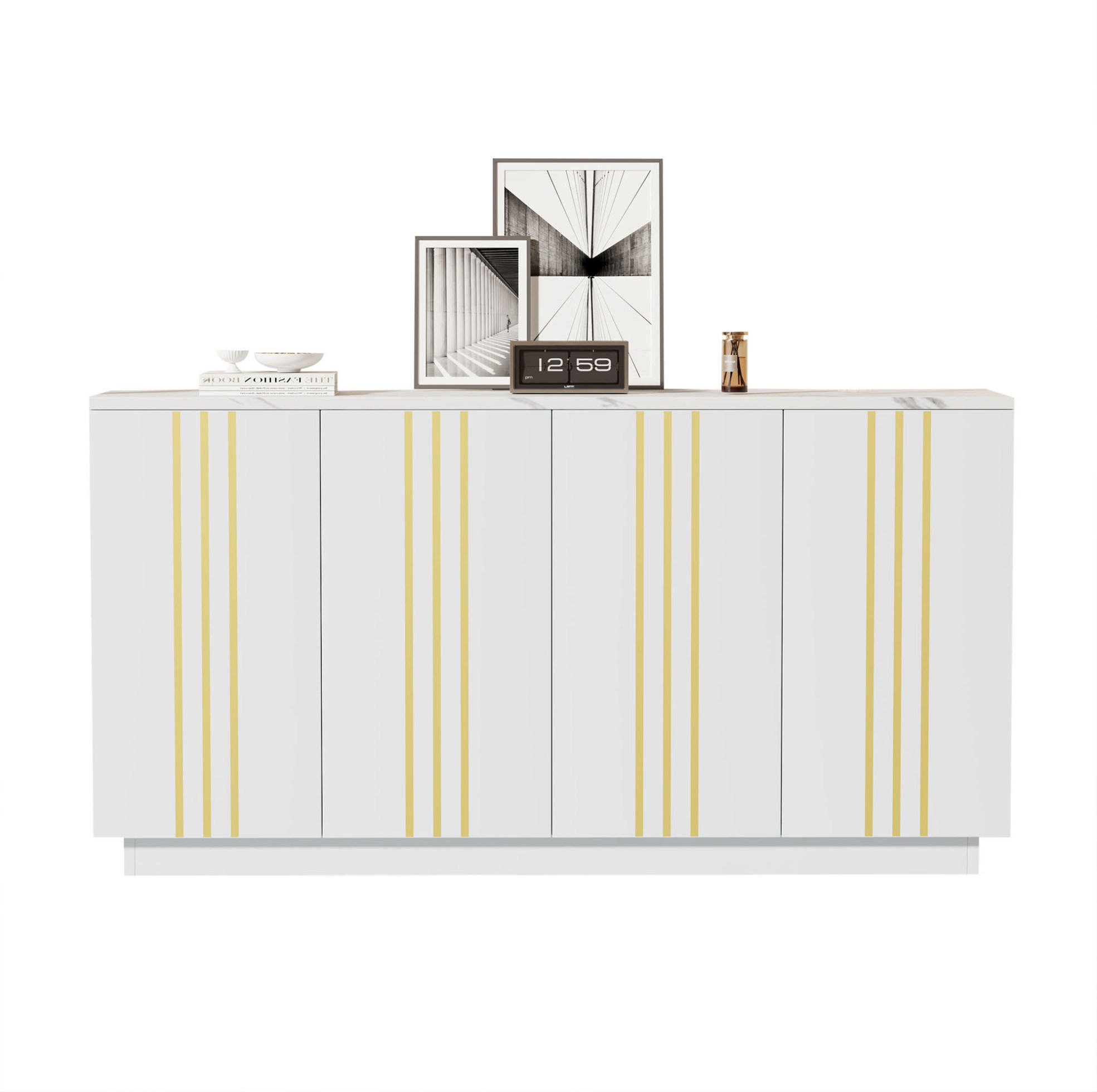 SIDEBOARD 140/35/70 cm weiß-gold aus Spanplatte mit 4 Türen - Weiß, Holzwerkstoff (140/70/35cm) - OKWISH