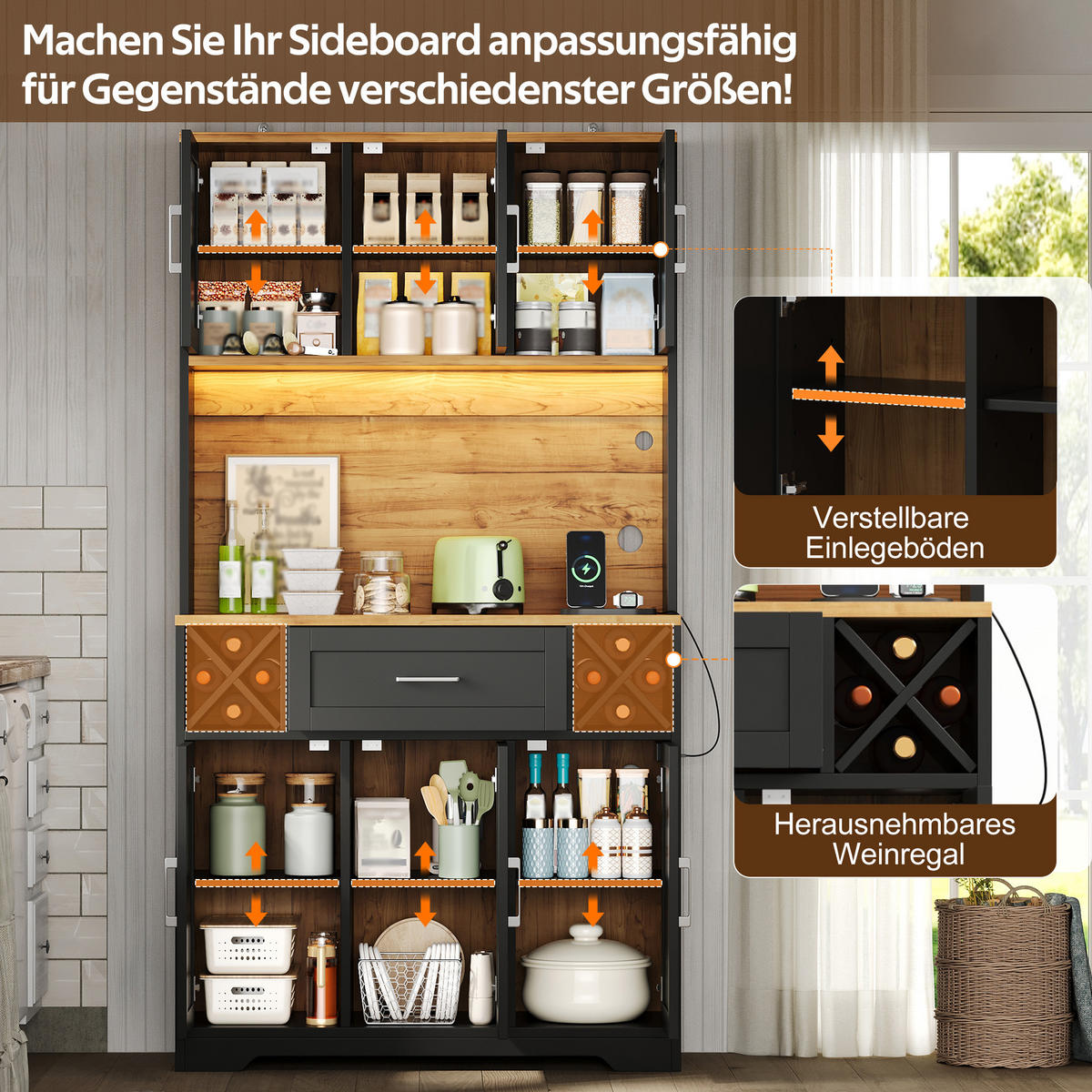 BUFFET DE-38736 105/40/180 cm LED-Beleuchtung und Weinregal Schwarz - Schwarz, Holzwerkstoff (105/180/40cm) - ComfortXL