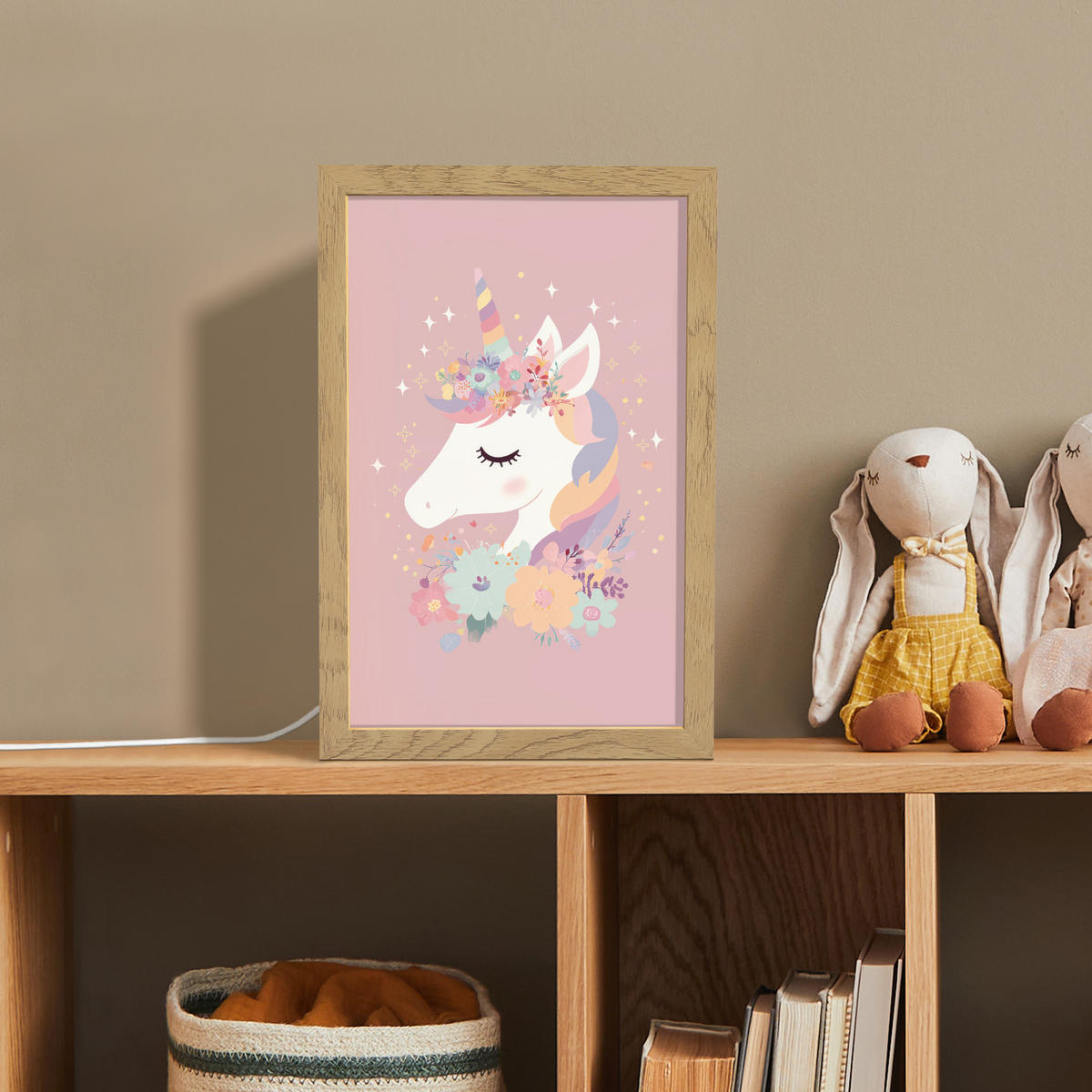 NACHTTISCHLAMPE Einhorn - Rosa - Blumen 20x30 cm - Rosa, Holzwerkstoff (8/20/30cm)