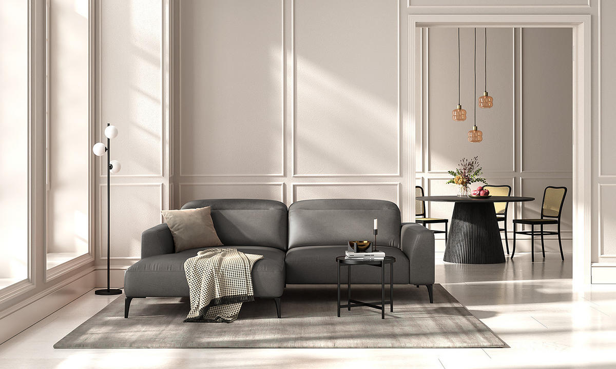 1,5-SITZER ECKSOFA mit Longchair - Schwarz/Grau, Leder/Metall (232/180cm) - home24