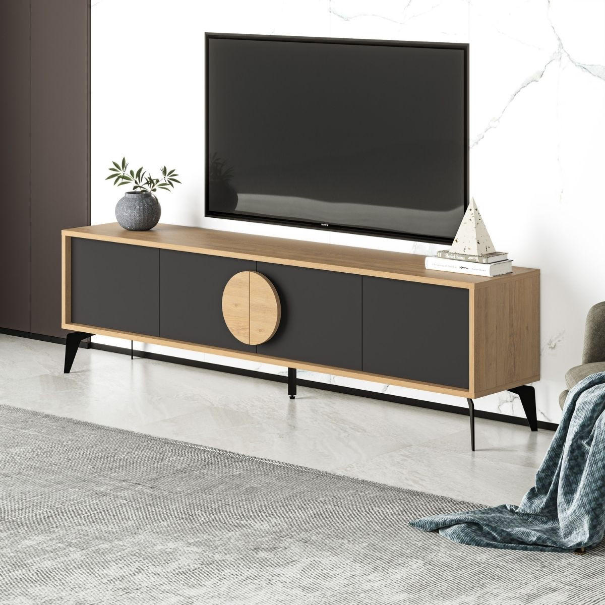 TV-MÖBEL 4 Türen Vae - L180 cm - Eiche Artisan/Grau, Holzwerkstoff (35/51/180cm) - Calicosy