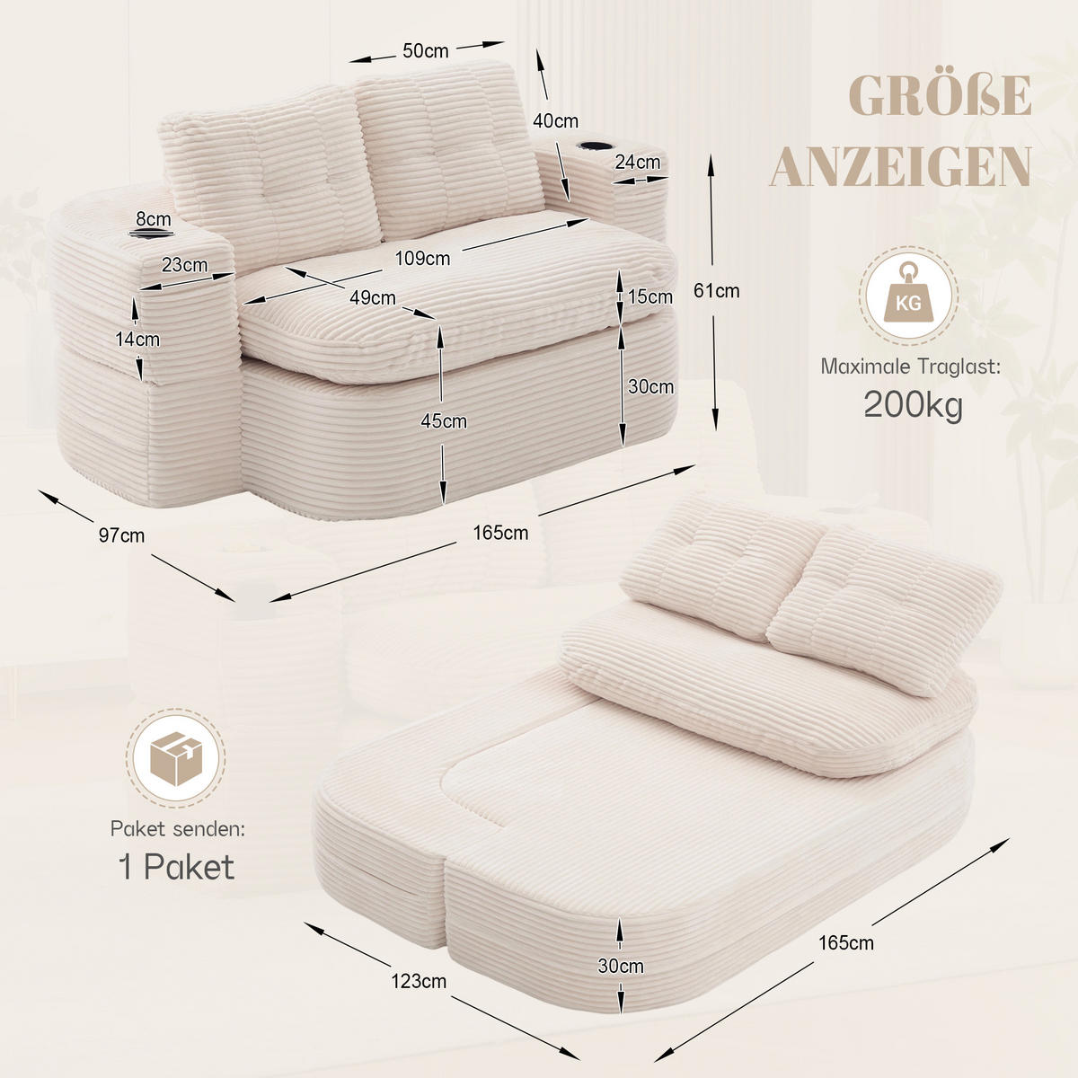 SCHLAFSOFA 2-in-1 Cordstoff Liegefunktion - Beige, Textil (165/61/97cm) - Urban Meuble