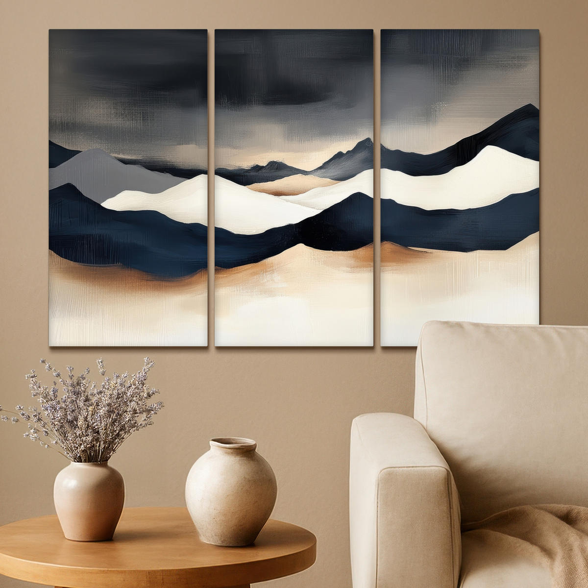 LEINWANDBILD 3er Set Landschaft - Abstrakt - Modern 90x60 cm - Dunkelblau, Textil (90/60cm) - MuchoWow