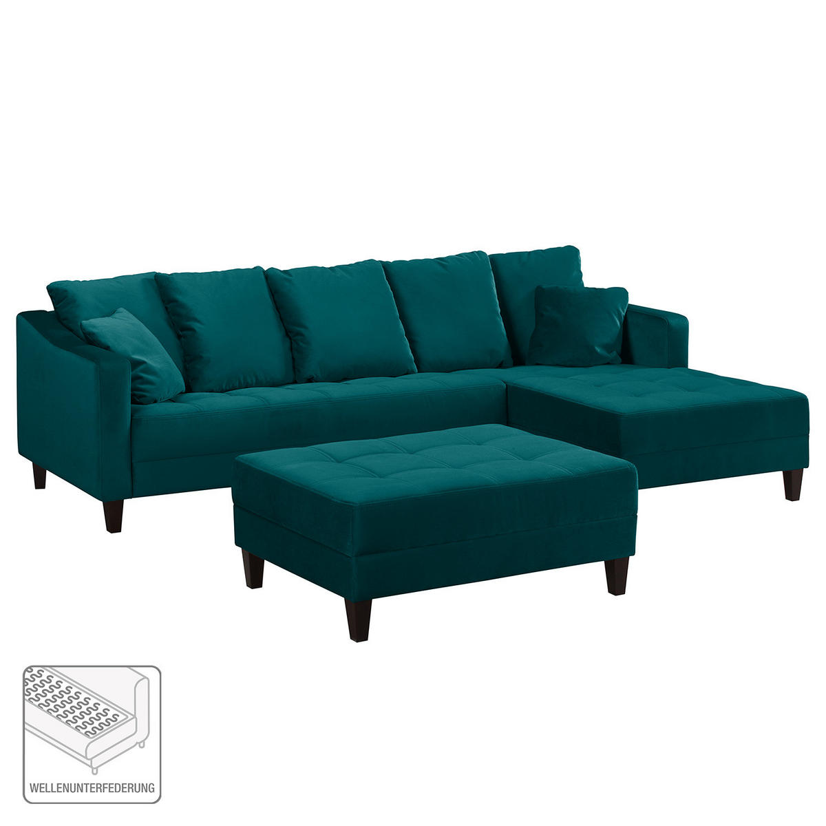 ECKSOFA mit Ottomane - Samt - Türkis, Textil (254/165cm) - home24
