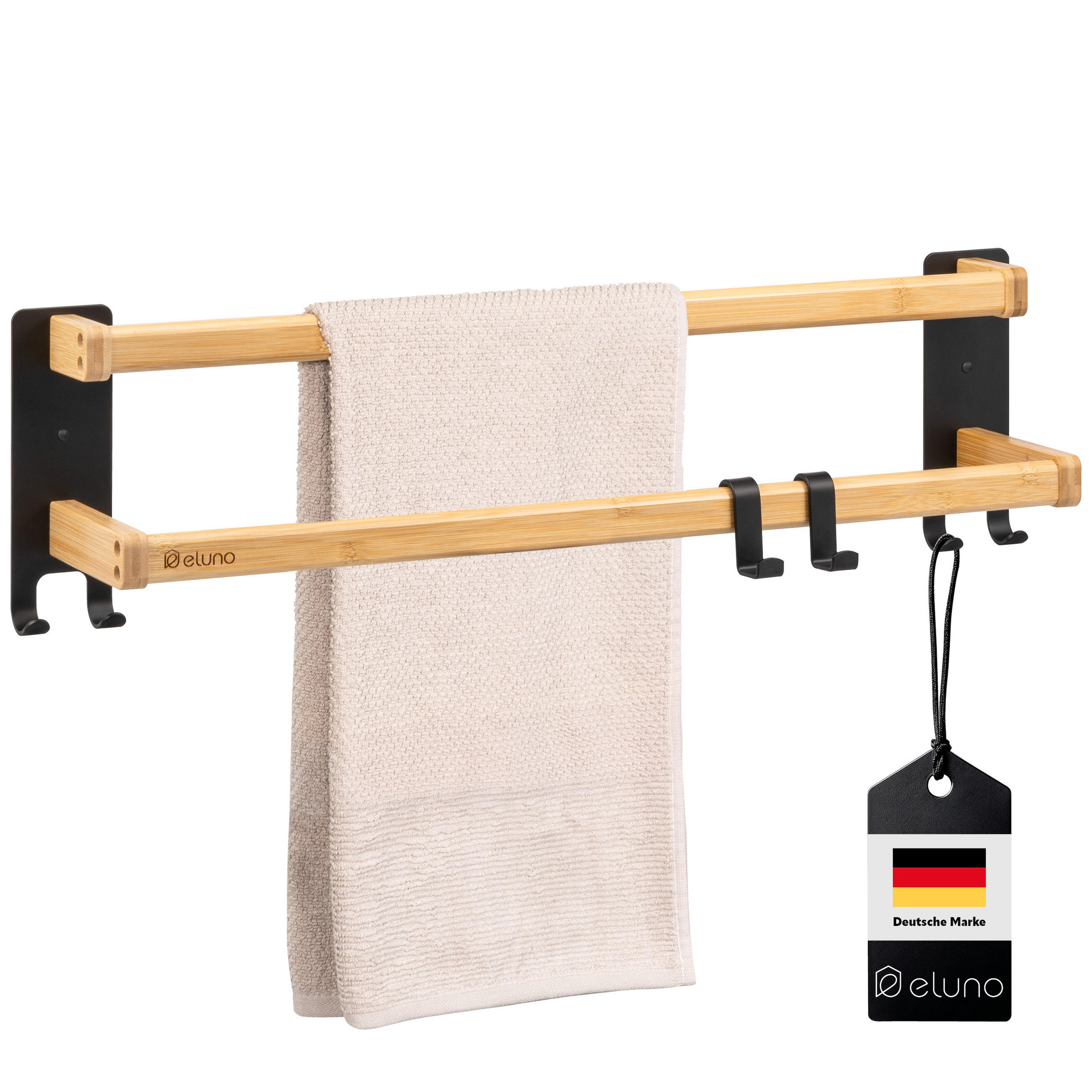 HANDTUCHHALTER, Metall schwarz mit Bambus - Schwarz, Holz (64.5/18/12cm) - eluno