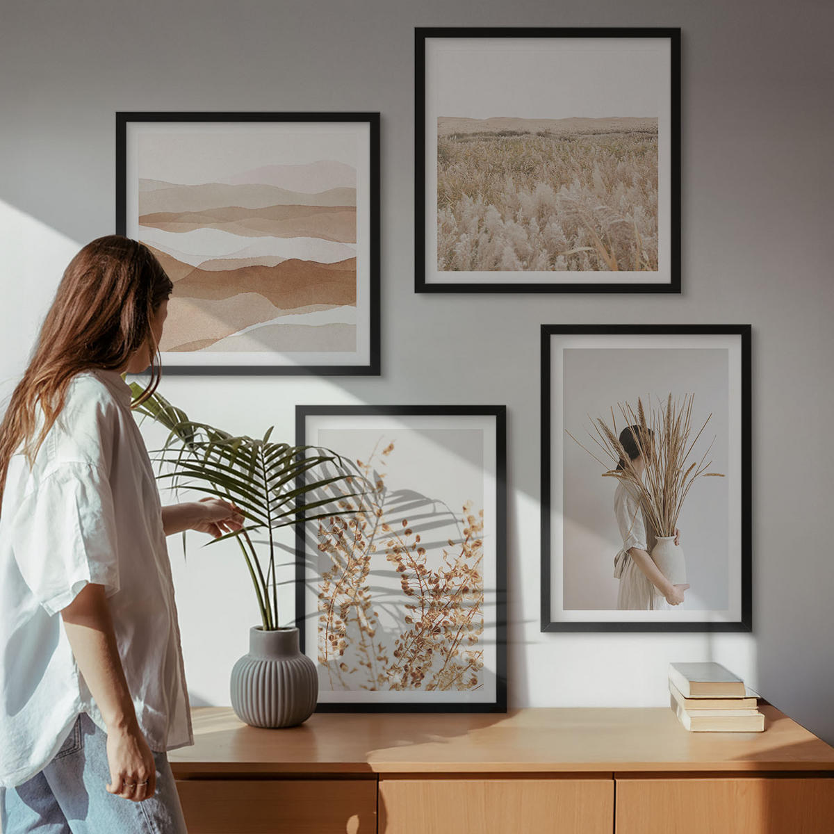 BILDER SET 4er Set - 50x50 cm & 40x60 cm Schwarzer Rahmen - Pflanzenmotive im Boho-Stil - Schwarz, Kunststoff (50/50cm) - TULUP