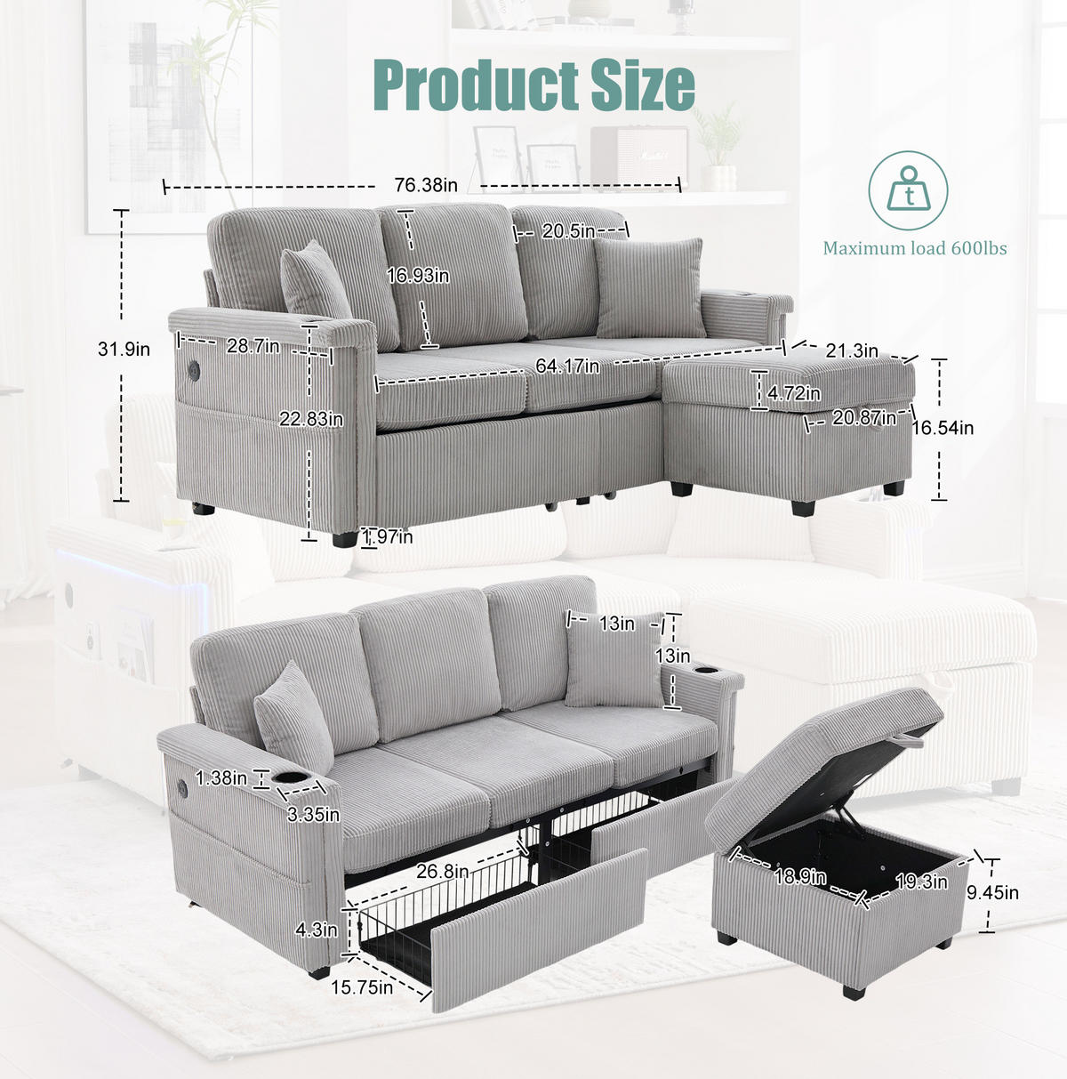 SOFA mit LED und USB/Type-C 194 x 73 x 81 cm Corduroy Hellgrau - Hellgrau, Kunststoff (194/81/73cm) - Meubliv