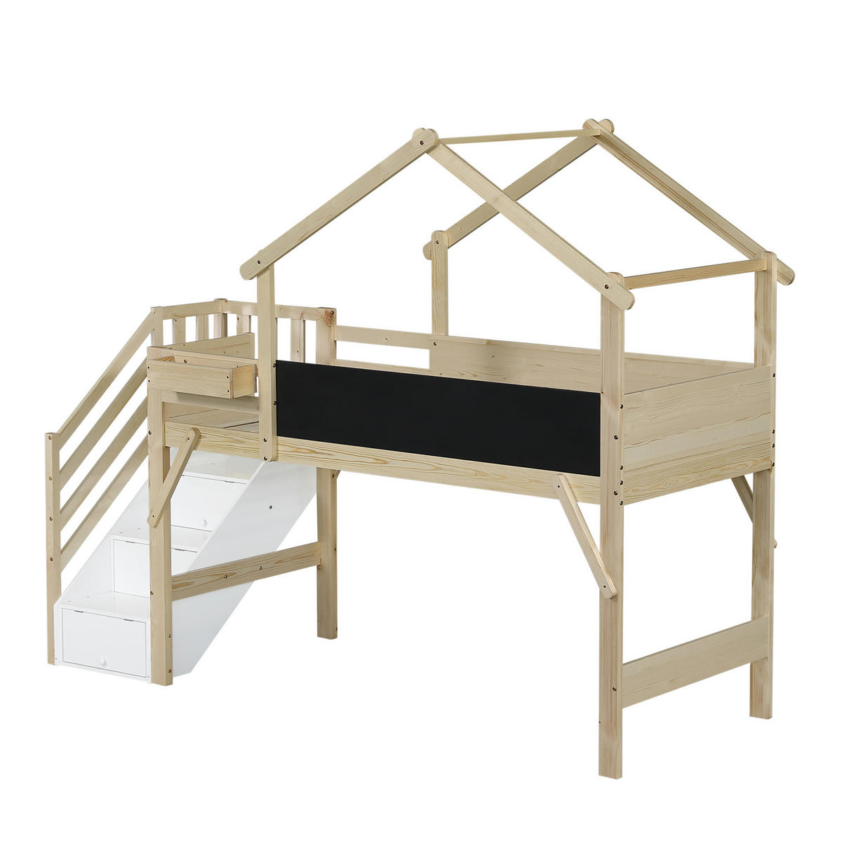 ETAGENBETT mit Stauraumtreppe und Kreidetafel 90x200 cm Weiß/Natur - Weiß, Holzwerkstoff (90/200cm) - Beauniv
