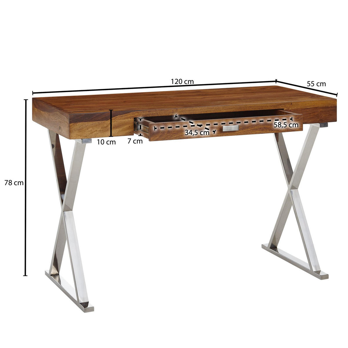 SCHREIBTISCH BEATRICE Sheesham - Braun, Holz (55/120/78cm) - tinkaro
