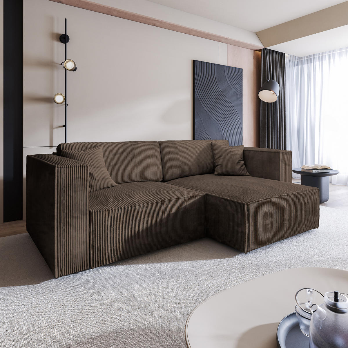 ECKSOFA NERIO P Braun Kordstoff mit Schlaffunktion - Braun, Holz (245/148cm) - MASSENO