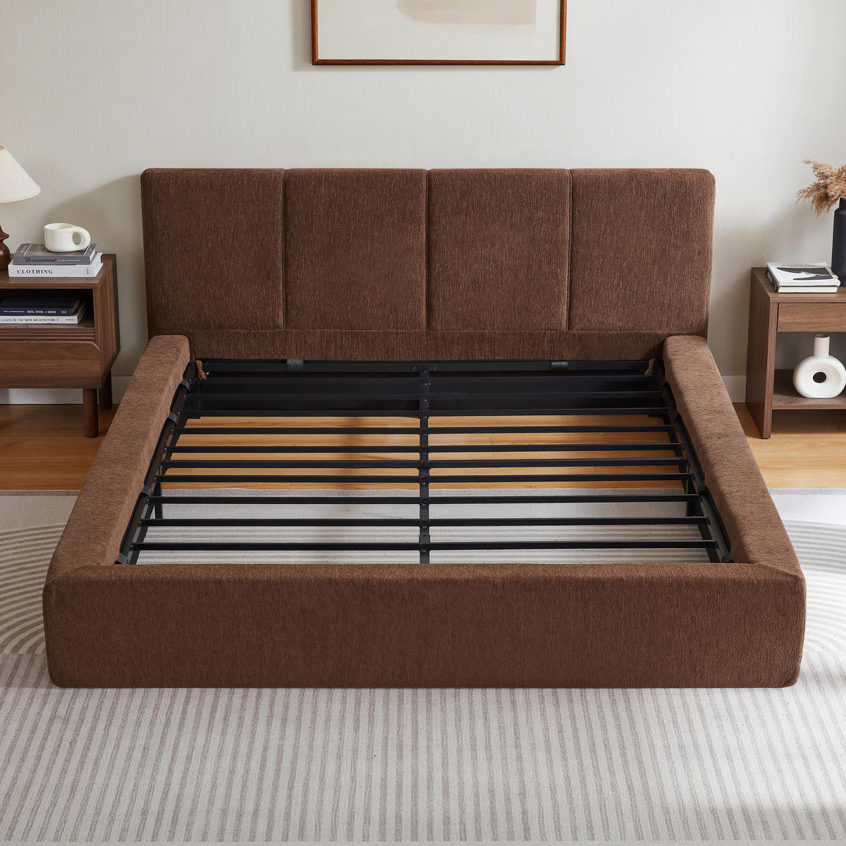POLSTERBETT 140/200, komprimiert verpackt, Chenille, Metall Bettgestell, Braun - Braun, Textil (140/200cm) - LVHOM